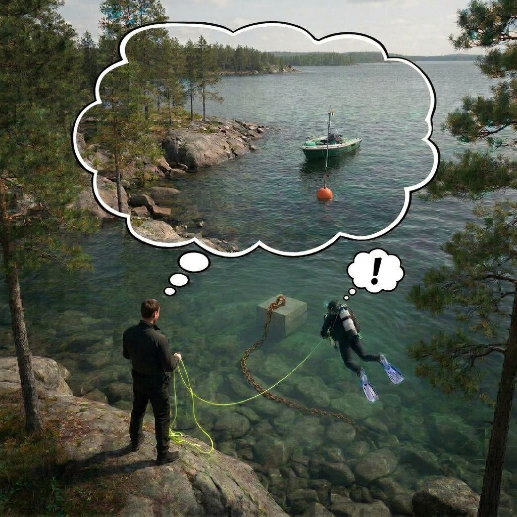 Illustration av dykarpar som söker efter förlorad bojvikt — dykare under vatten med sökband, assistent på land styr med bandet och har en tankebubbla med bojens ursprungliga position med båt förtöjd