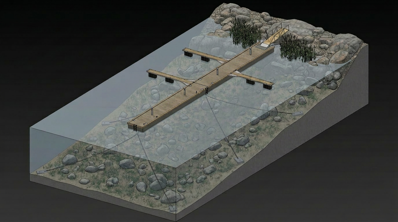 Illustration av flytbrygga i skärgården med landgång till klippstrand, förankrad med yttre kättingar som går från bryggans yttersida ner till betongvikter på havsbotten